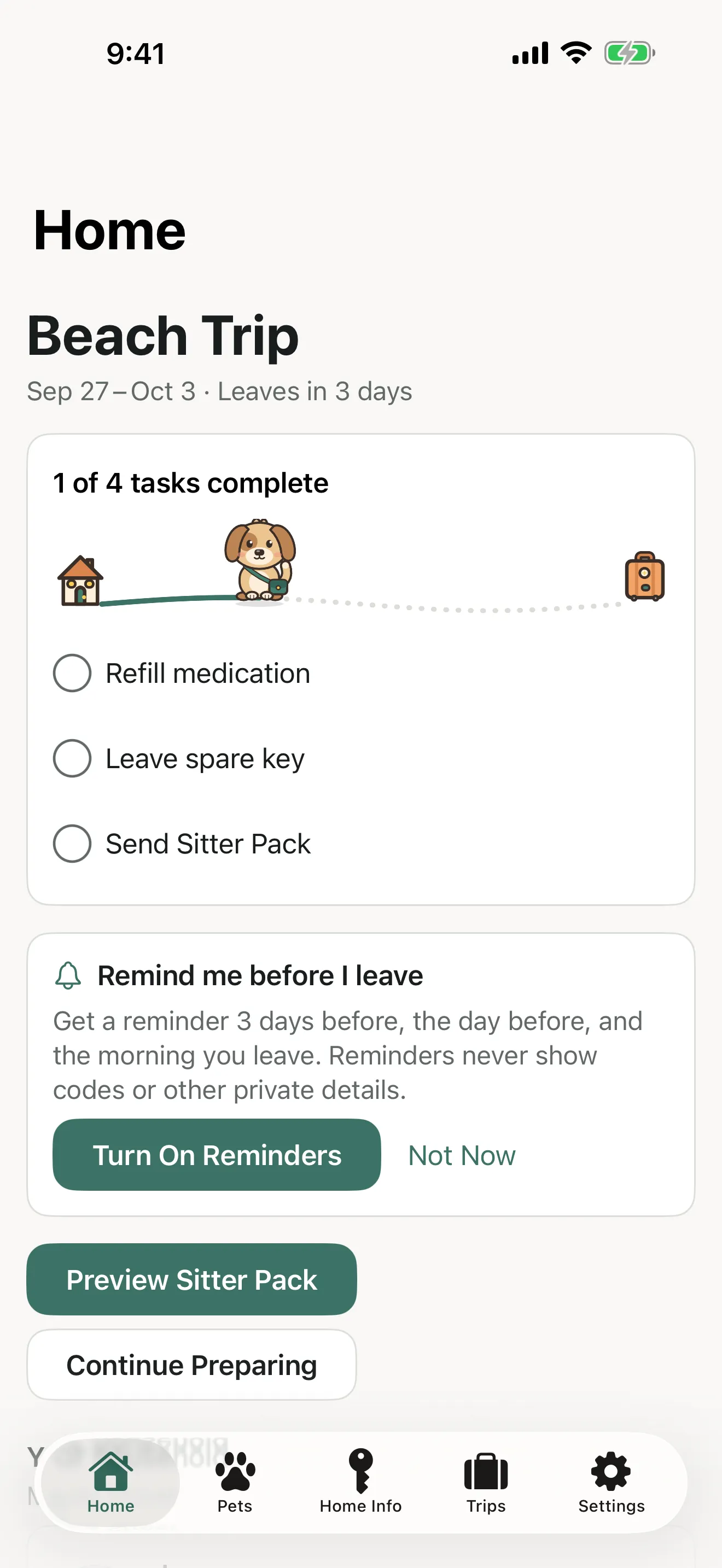 The SitterPack home screen showing a beach trip leaving in 3 days and the departure checklist.