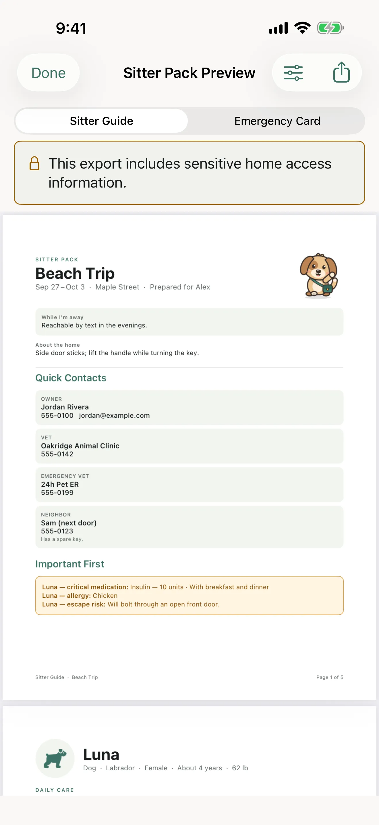 A preview of the Sitter Guide PDF for a beach trip.